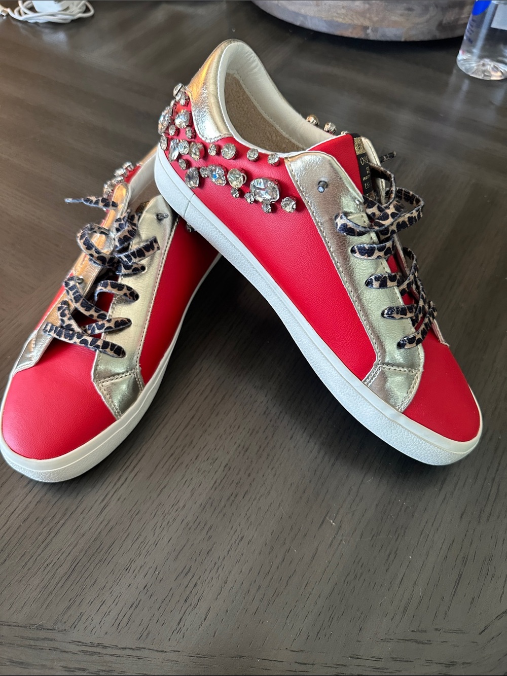 Vintage Havana Red and Gold Crystal-Embellished Sneakers